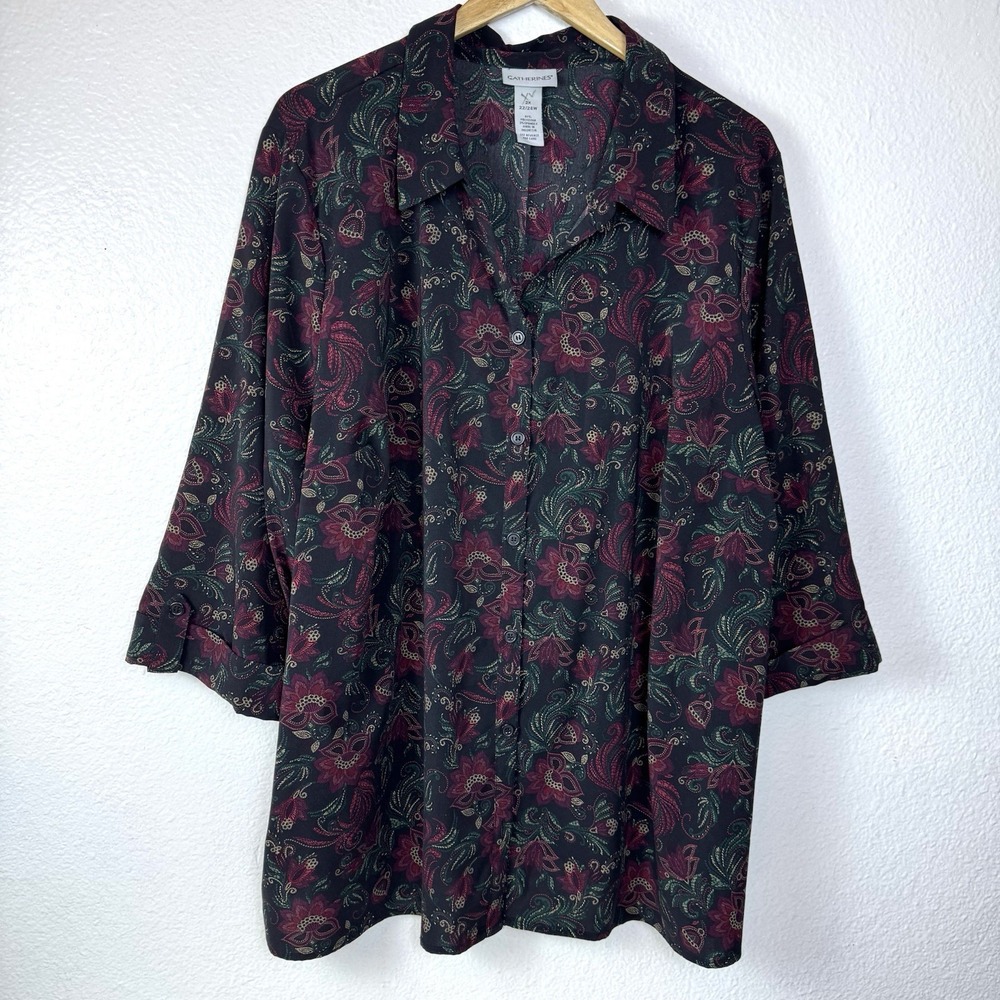 Catherines Black Floral Blouse Womens 2X 22/24W Burgundy Red Green Button Up Top